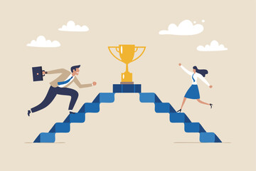 Business People Climbing Stairs To Achieve Success With Trophy And Clouds In The Background Demonstrating Business Competition And Determination