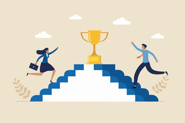 Business Professionals Race To Success Climbing Stairs To Win Golden Trophy Vector Illustration Flat Design Symbolizing Achievement And Reaching Goals