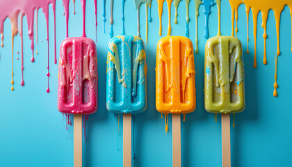 Melting popsicles with vibrant drips, colorful studio shot