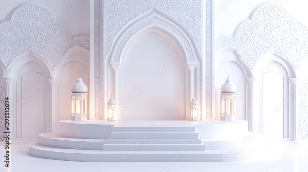 Fototapete elegant islamic inspired podium display with intricate archway and lanterns a stunning 3d render sho
