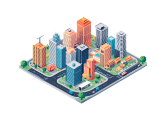 Isometric view of city buildings with trees and streets, representing urban planning and sustainable architecture, showcasing a balanced blend of nature and modern development.