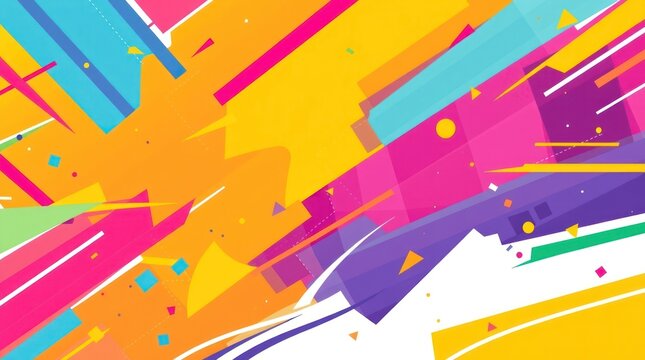 Vibrant abstract shapes in dynamic motion.  A colorful composition of geometric shapes, lines, and splashes of color, creating a sense of energy and movement