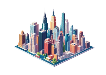 Isometric view of city buildings with trees and streets, representing urban planning and sustainable architecture, showcasing a balanced blend of nature and modern development.