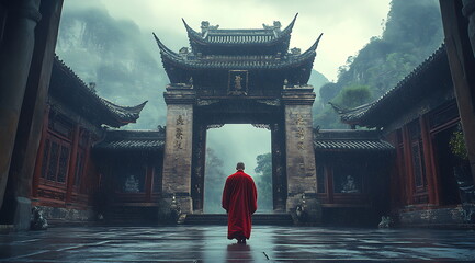 A monk walks through the gate of an ancient temple
