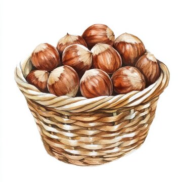recommend clip art: Watercolor Hazelnuts in Woven Basket on White Background