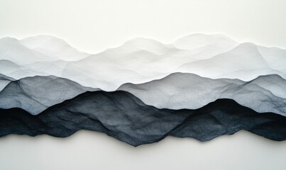 Monochromatic paper layers create an abstract mountain range, showcasing depth and serene beauty.