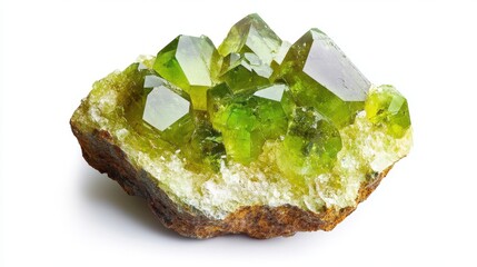 Natural Peridot Gemstone Set in Raw Matrix from Kohistan Valley, Pakistan, Displaying Vibrant Green Chrysolite Crystals Isolated on White Background