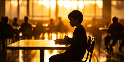 Bullying at school A boy sits alone at a table in the school cafeteria during a meal. Feelings of loneliness, isolation and social withdrawal in the learning environment.
