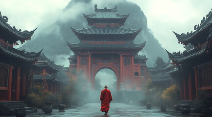 A monk walks through the gate of an ancient temple