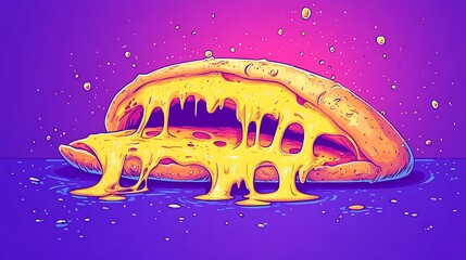 A vibrant illustration of a cheesy pizza slice overflowing with melted cheese.