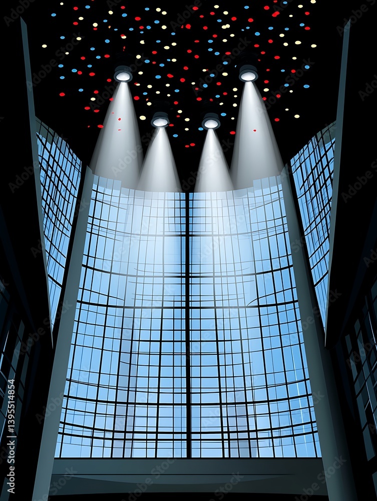 Poster futuristic architecture with spotlights and colourful ceiling design