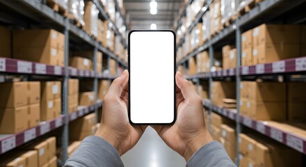 Holding Smartphone in Warehouse with Blank Screen for Inventory Management