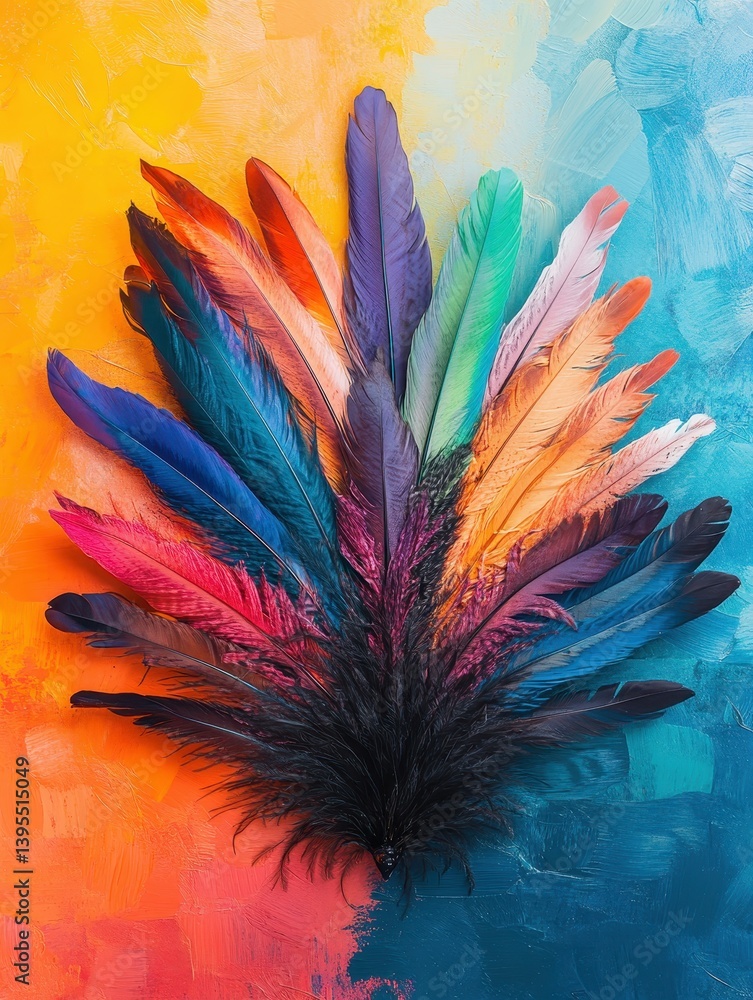 Poster a collection of vibrant and colorful feathers displayed on a backdrop