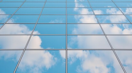 Fototapeta premium Modern Glass Building Reflecting Clear Blue Sky and Clouds in an Urban Setting