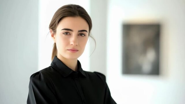Young woman, possibly a gallery worker or art critic, standing with crossed arms in an art gallery, looking at camera