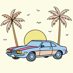Retro Tropical Car Illustration – Vintage Vehicle with Palm Trees and Sunset in Flat Summer Beach Style.