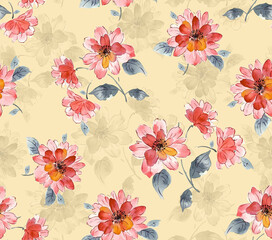 Sweet flower watercolor seamless pattern. Soft pastel colors watercolor seamless pattern for beauty products or other. Pattern With Tender Flowers and Thin Branches. Floral Print