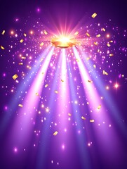Golden spotlight explosion with falling confetti on a purple backdrop