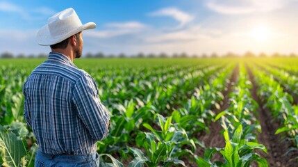 Lone man in hat stands in vibrant cornfield under clear blue sky enjoying the serene agricultural landscape