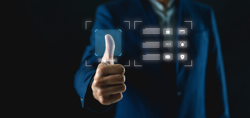 A business professional gives a thumbs-up, surrounded by digital interface elements, symbolizing...