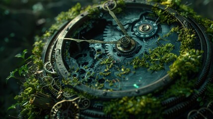 Globe-shaped clockwork ecosystem, industrial gears overgrown with bioluminescent moss, clock hands triggering desert-to-forest transitions