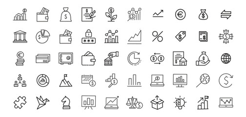 Vector business and finance editable stroke line icon set with money, bank, check, law, auction, exchange, payment, wallet, deposit, piggy, calculator, web and more isolated outline thin symbol
