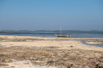 stary katamaran - tradycyjna kenijska łódź rybacka na Oceanie Indyjskim, zacumowana w lagunie u wybrzeżapodsczas odpływu. Okolice Mombasy, Kikambala, Kenia, Afryka © Kamil_k2p