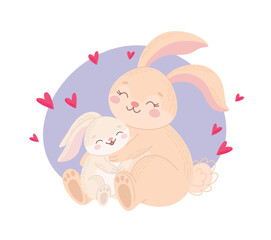 Mother and baby rabbits. Cute family of animals. Flat vector illustration of a mother and her child