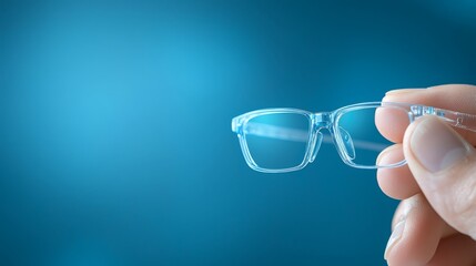 Detailed closeup of hand holding pair of stylish eyeglasses with intricate design