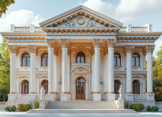 Obraz premium Neoclassical Architectural Facade of Historic Building with Corinthian Columns and Sculptures in Sunlit Setting