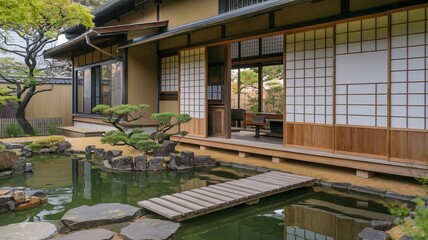 Fototapeta premium Exterior shot of a traditional Japanese home with a tranquil pond, rock gardens, and sliding shoji screens. Serene architecture.