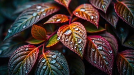 Vibrant autumn leaves, covered in glistening water droplets