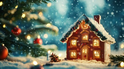 Obraz premium Festive Miniature House Sitting Amongst Winter Snowfall and Christmas Decorations