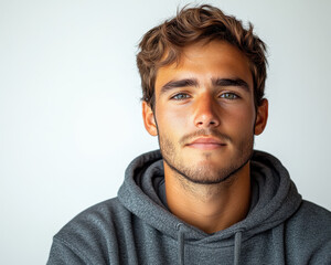 Fototapeta premium Portrait of a Young Man in Casual Grey Hoodie with Neutral Expression and Short Hair against Plain Background