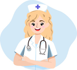 Joyful cartoon illustration of a blonde female nurse with her arms folded, showing a welcoming expression. She is dressed in a white uniform. A tribute to nurses.