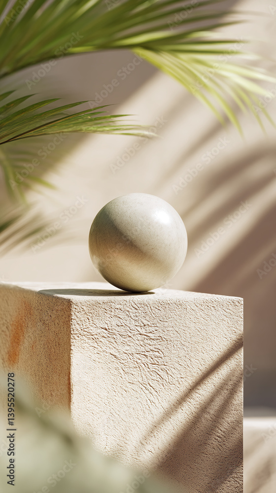 Poster beige sphere rests on a textured beige cube, palm leaves cast shadows, creating a minimalist, serene