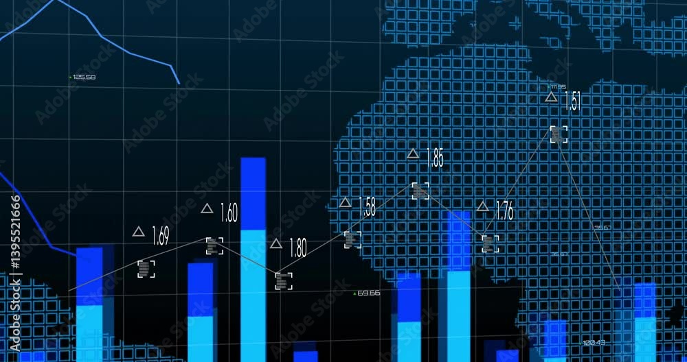 Poster digital map overlaying data charts and graphs of europe and africa continents