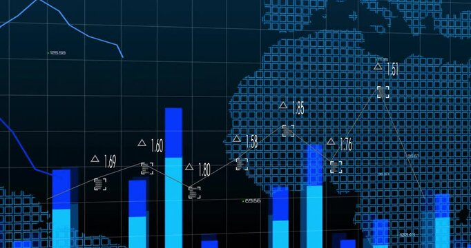 Digital map overlaying data charts and graphs of Europe and Africa continents