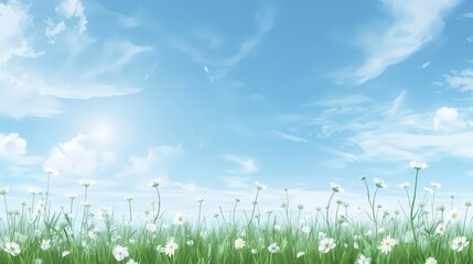 Obraz premium Scenic landscape of wild white flowers blooming in grassy field under clear blue sky