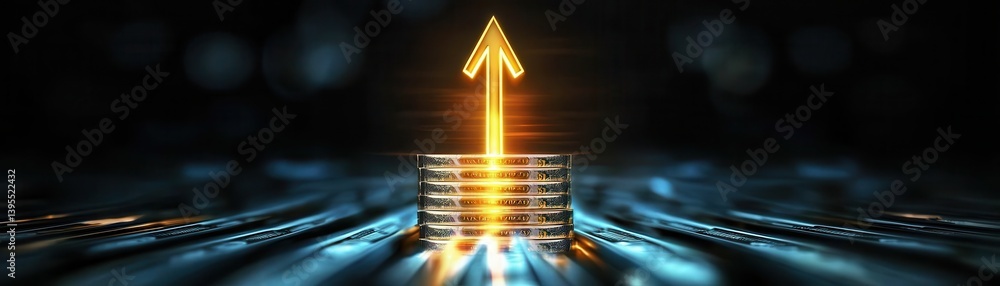 Poster a glowing upward arrow emerges from layered metallic disks, symbolizing progress and innovation in a