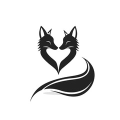 Obraz premium Two fox heads forming a heart shape with a wavy tail, concept for Valentine's Day, wedding invitations, and romantic branding