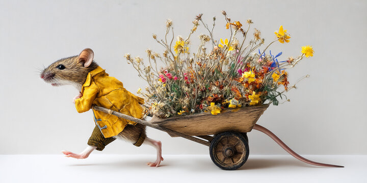 Mouse in yellow coat pushes wooden wheelbarrow filled with dried flowers, showcasing industriousness and nature's beauty