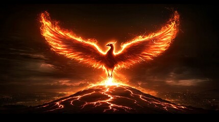 Phoenix rising from volcano mythical creature digital art fiery environment dramatic viewpoint