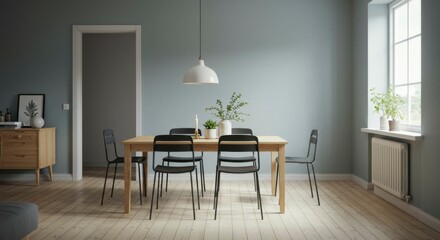 Modern dining room with light blue walls