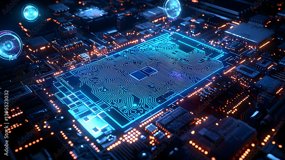 Poster abstract circuit board design with glowing lines and lights