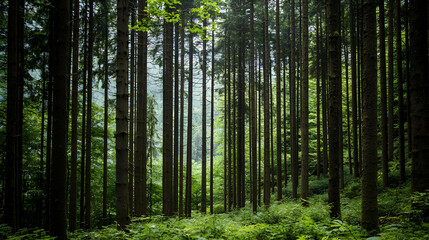 Obraz premium Dense Forest With Tall Pine Trees