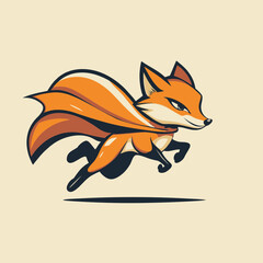 Obraz premium A stylized illustration of an orange fox wearing a cape, soaring through the air; concept for mascot design, branding, children's book illustration