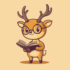 Adorable cartoon deer with glasses reading a book, concept for children's book illustration, educational resources, and cute character design