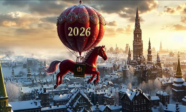 Hot air balloon horse flying over snowy cityscape for New Year 2026  