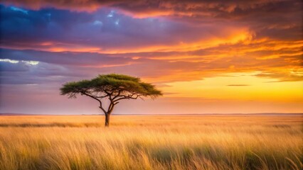 Obraz premium Serene Sunset Landscape Lone Tree in Golden Grassland Under a Vibrant Sky